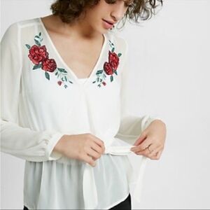 NWT- Express Embroidered Rose Wrap Peplum Chiffon Top